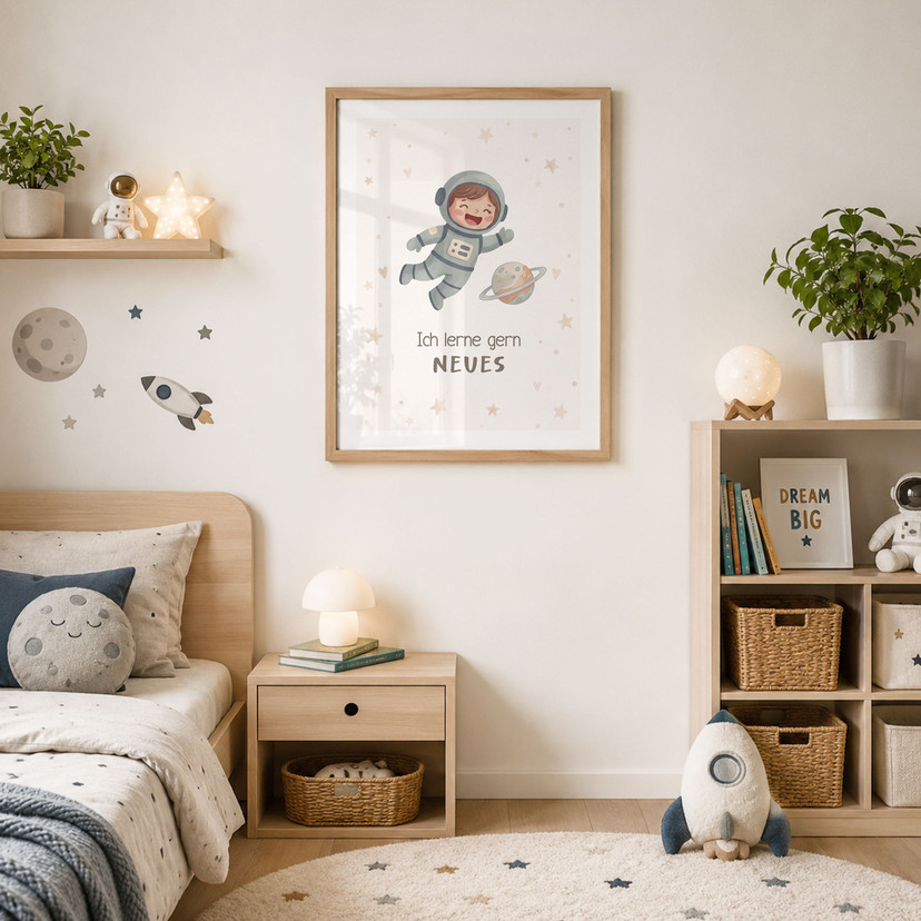 Kinder-Poster 'Ich lerne gern Neues' mit Astronautin