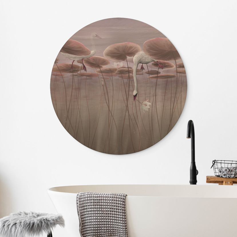 Houten Wanddecoratie lotusbloemen met zwaan in het water in donkerroze - Ms Tiff - Rond