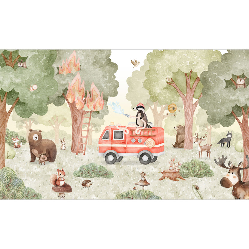Fotomural Habitación Infantil Bomberos Animales en el Bosque - Oliver Robins
