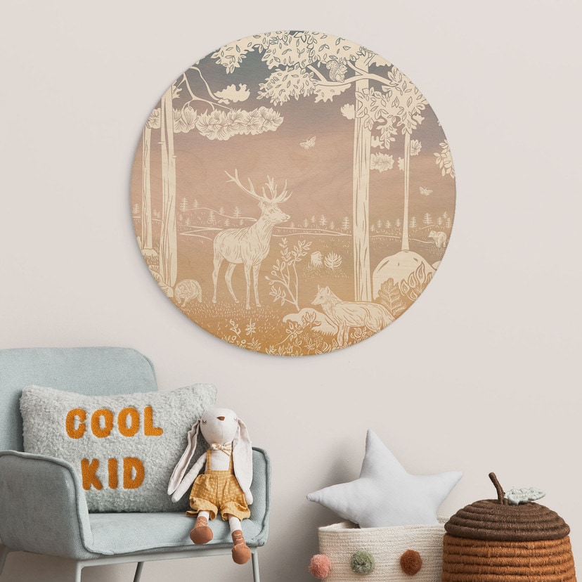 Stampa su legno Bosco tranquillo con cervi e volpi - Ombre - Kikki Belle - Rotondo