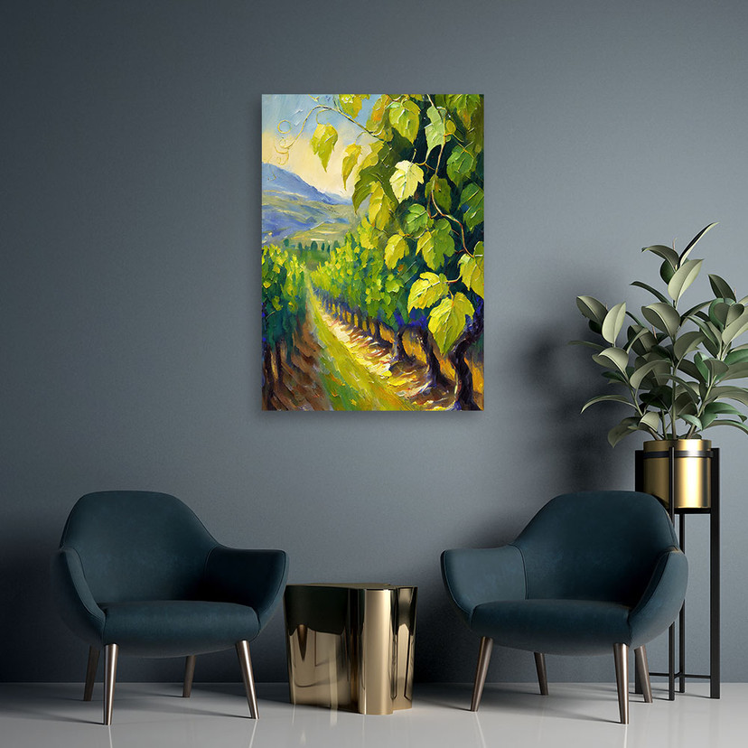 Canvasbillede, vinmarkens drueblade malet