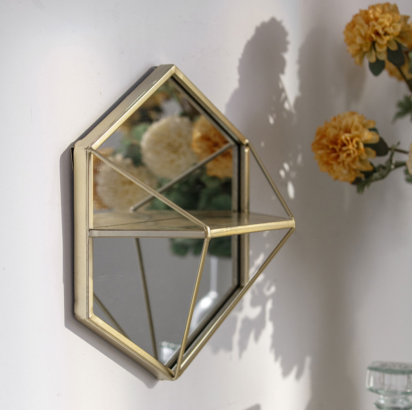 Wandregal Wandspiegel Geometrischer Diamant - Goldoptik - 30x35x13 cm