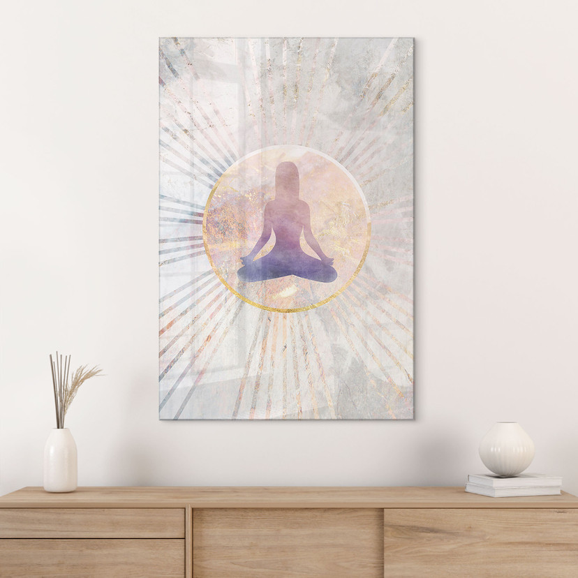 Tableau en verre acrylique Siège du lotus - Méditation dans la lumière dorée - Manovski