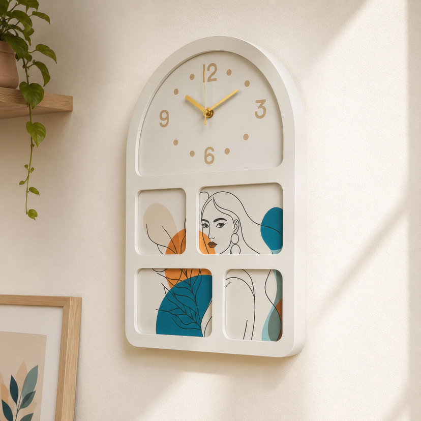 Horloge murale moderne en MDF blanche, horloge à quartz avec balancier et motif féminin abstrait 31x45x4,5 cm