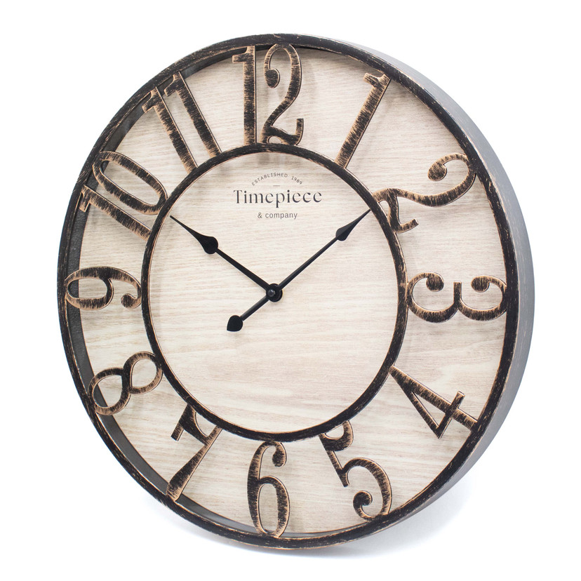 Horloge murale vintage métal-bois avec grands chiffres Ø50cm