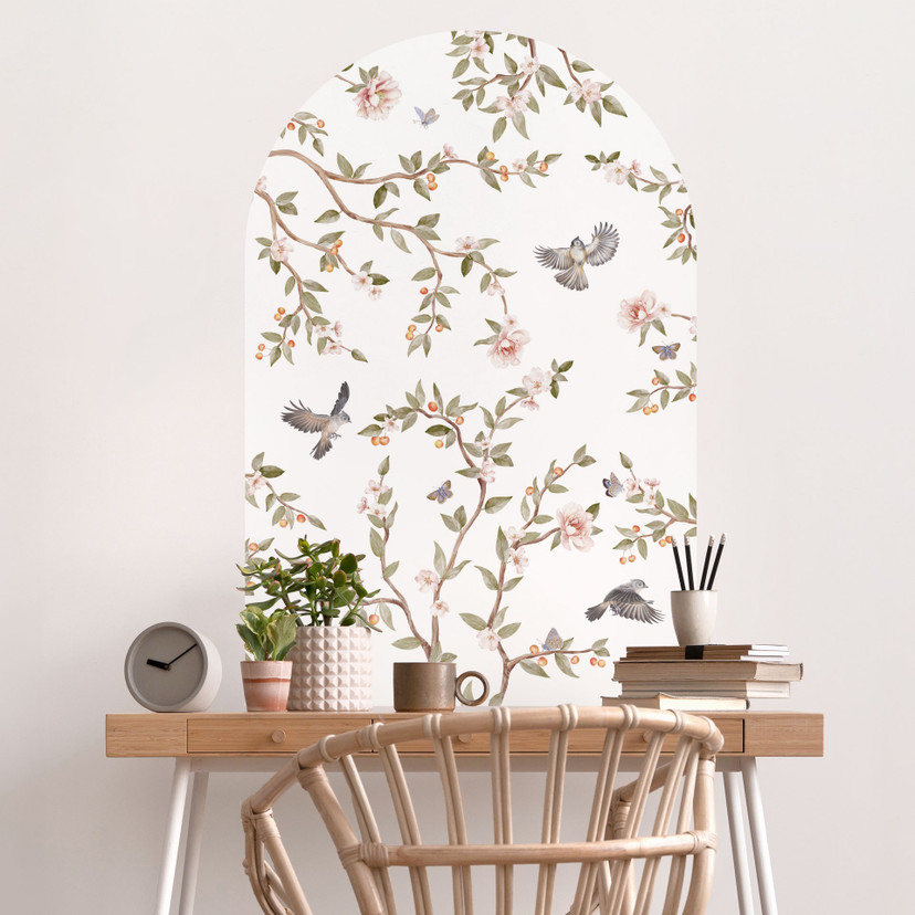 Wallsticker rundbue vægpanel rosenbusk med fugle - Kikki Belle - bred