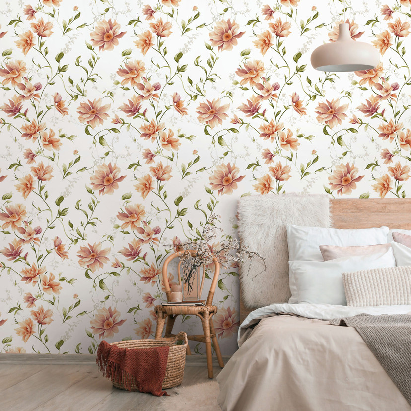Tapeta z włókniny kwiaty, liście floral nature matowa w kolorze biało pomarańczowym