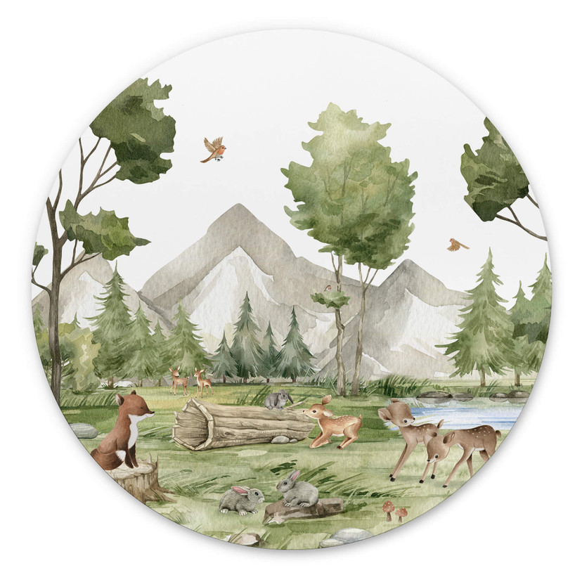 Vægcirkel Oliver Robins - Cute Forest Animals – print på aluminium (Alu-Dibond)
