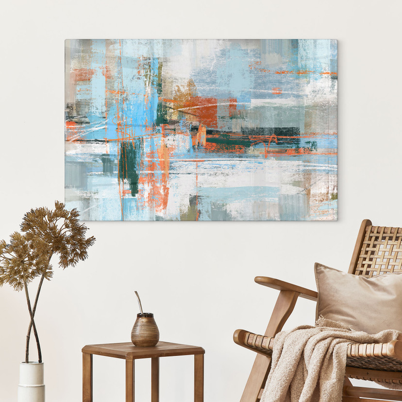 Glasbild Abstraktes Farbspiel blau orange - Cheney