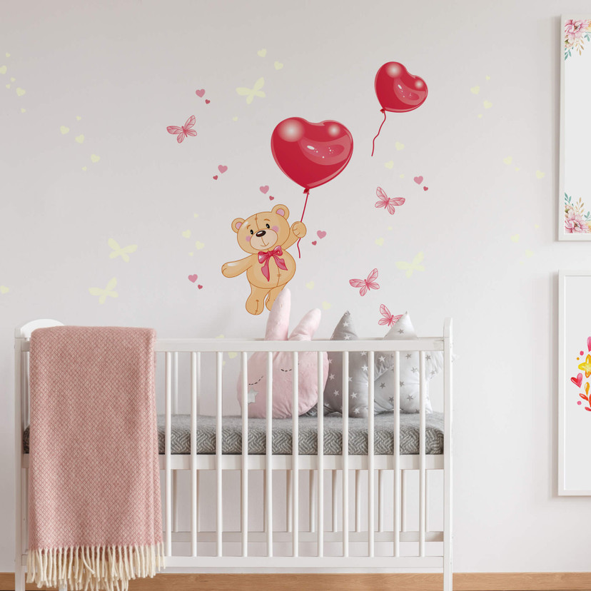 Wallsticker Teddybjørn med balloner som er selvoplysende i mørke - vægprint