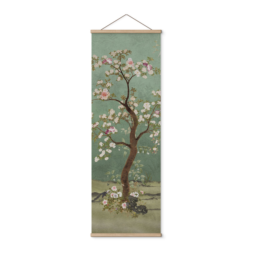 Textielposter Kraanvogels in een bloemenlandschap - Bloemdecor - Panorama