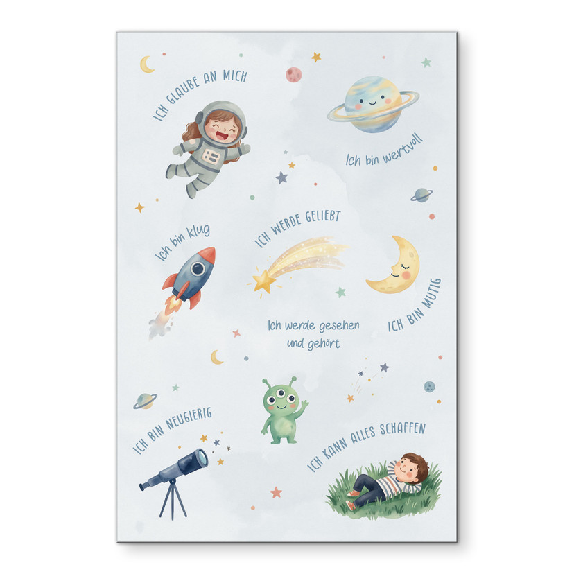 Alu-Dibond Wandbild - Affirmationen Weltraum mit Astronautin und Rakete