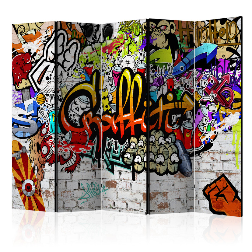 Rumdeler med skærm - Farverig graffiti, 5-delt - 225x172 cm