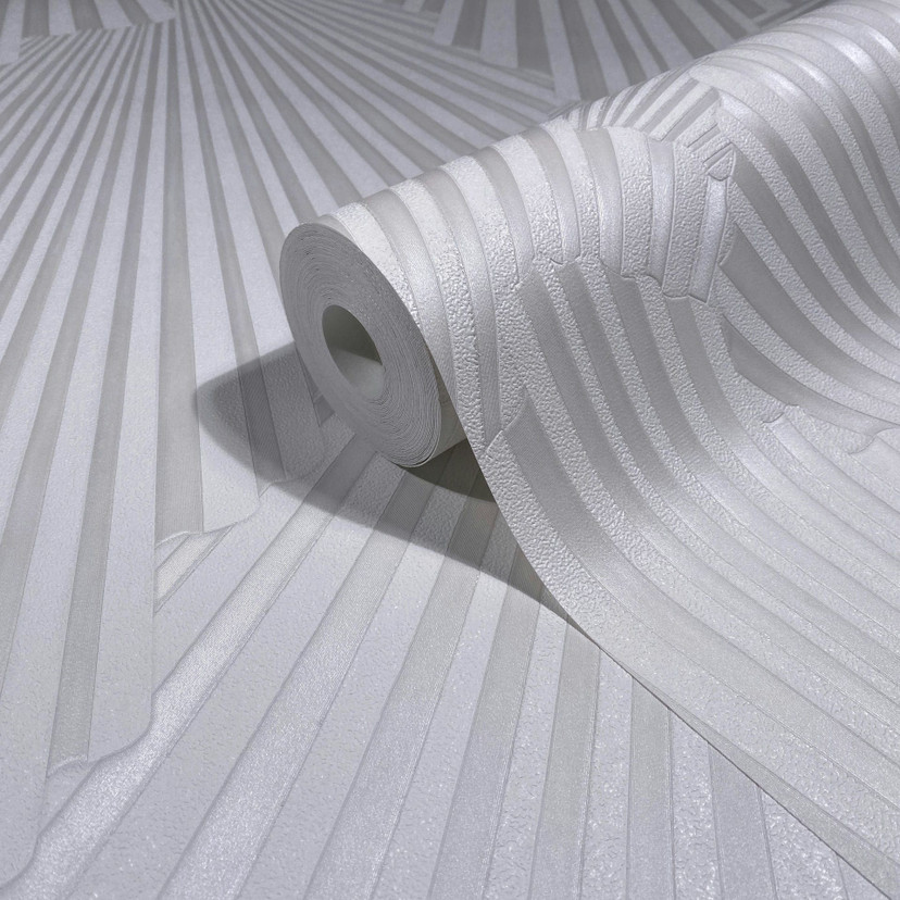 Tapeta z włókniny o wyglądzie 3D, geometryczna grafika w paski w kolorze białym