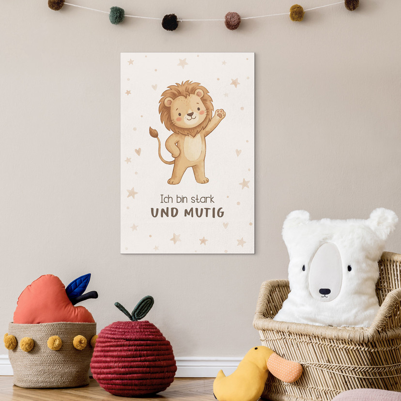 Alu-Dibond Wandbild mit Löwe - Kraftsatz 'Ich bin stark und mutig' für Kinder