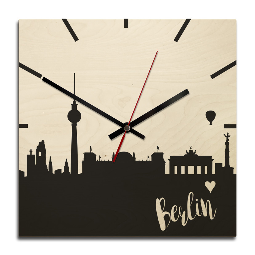 Horloge murale en bois - Skyline Berlin carré