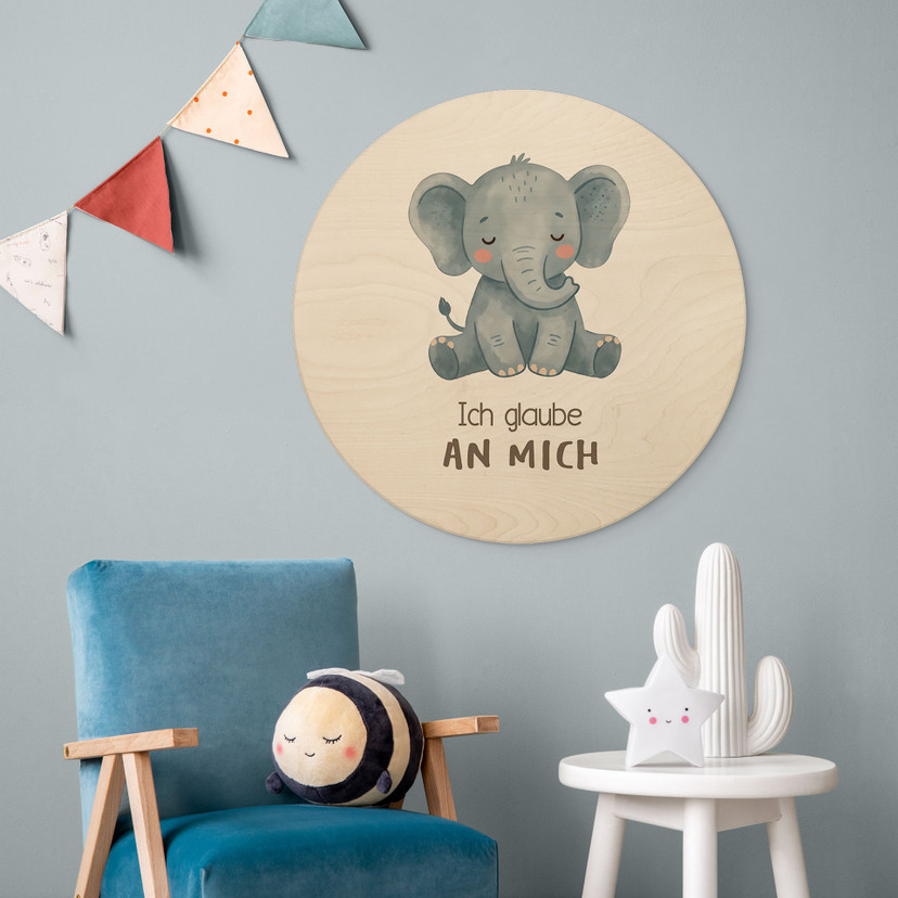 Rundes Holzbild mit Elefant - 'Ich glaube an mich'
