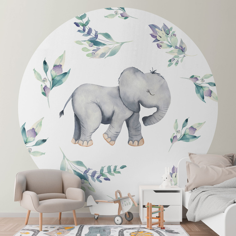 Uroczy słonik między boho gałęziami Fototapeta - UN Designs - Round - tapeta flizelinowa/tapeta fliz