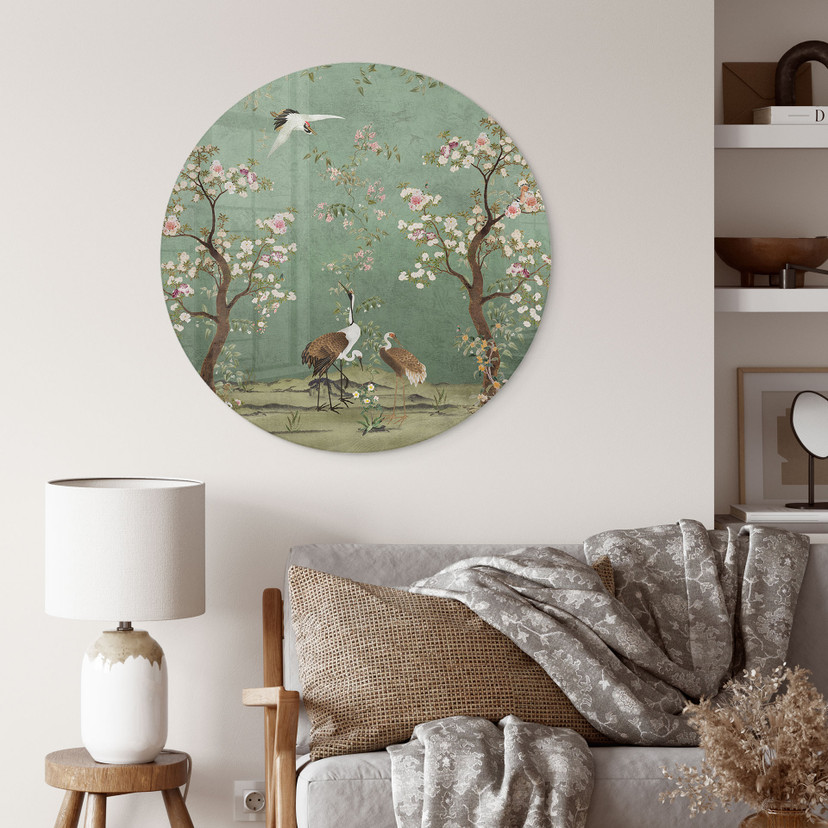 Glasschilderijen Kraanvogels in bloemenlandschap - Bloemdecor - Rond