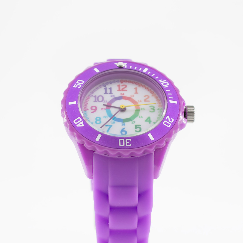 Kinder Armbanduhr - Lernuhr analog aus Silikon - Lila mit Regenbogen Zifferblatt