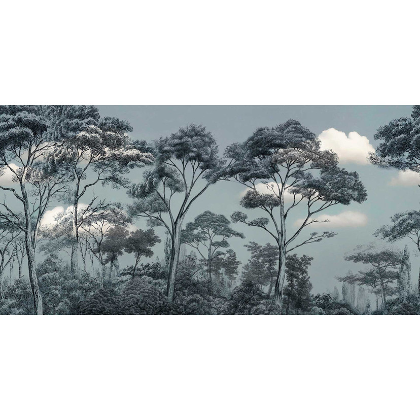 Papier peint photo forêt brumeuse mystique - cimes des arbres en bleu-gris - intissé