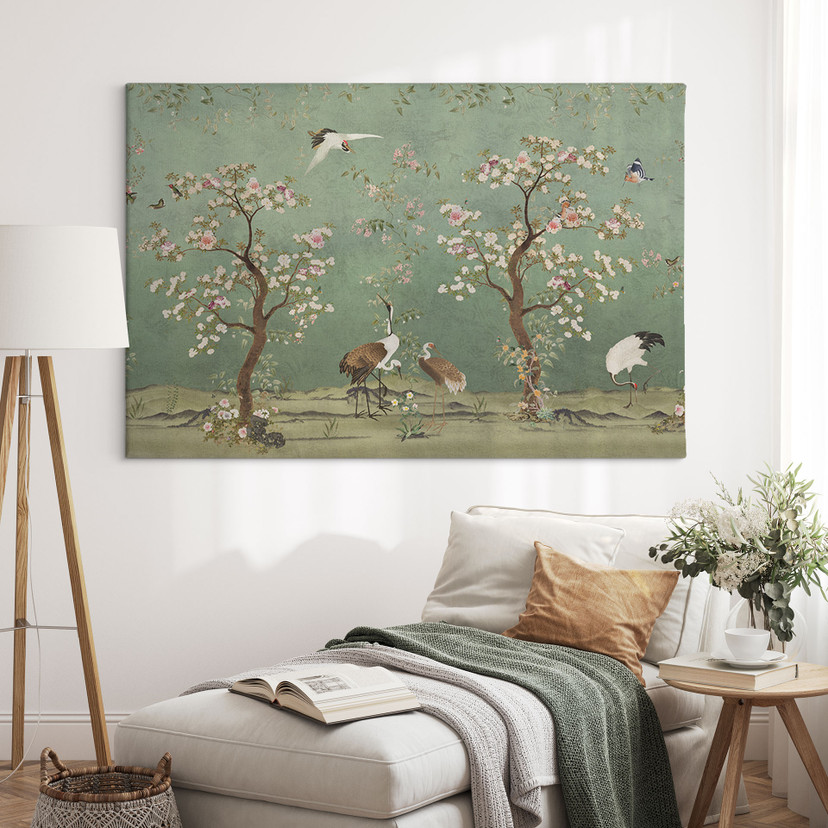 Canvas schilderij Kraanvogels in een bloemenlandschap - Bloomery Decor