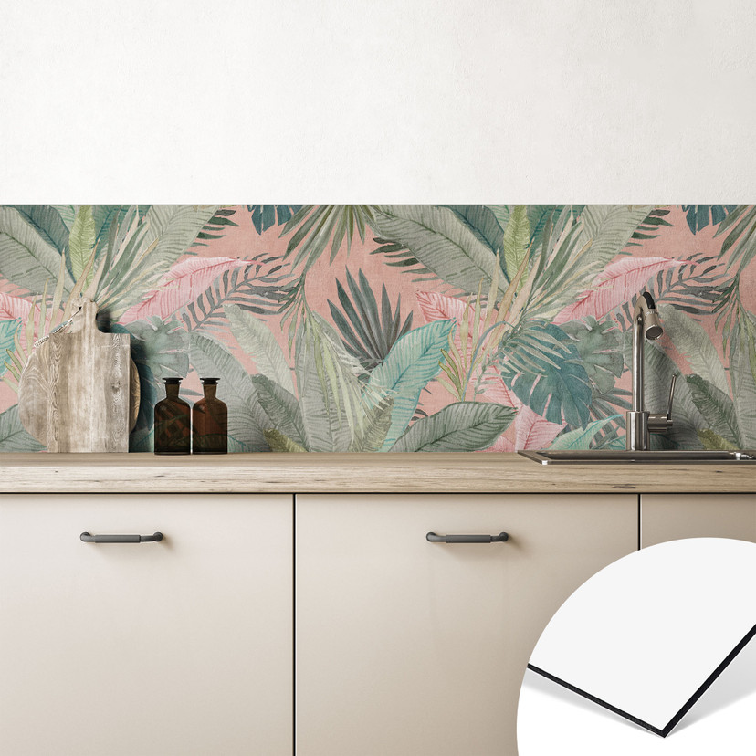 Stænkplade til køkken tropiske blade i junglen pink - Bloomery Decor