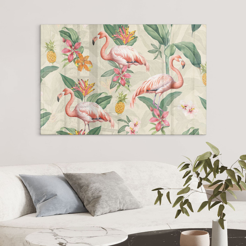 Tableau en verre acrylique Flamant rose et feuillage tropical - Bloomery Decor