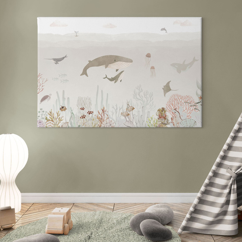 Tableau sur toile Baleines et leurs amis dans le monde sous-marin - Chambre d'enfant - Oliver Robins