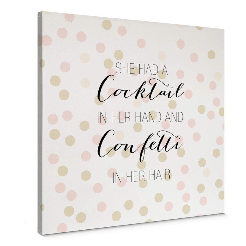 Obraz na płótnie Confetti & Cream - Koktajl w dłoni i konfetti we włosach