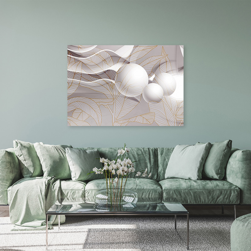 Canvasbillede, gyldne blade og 3D-kugler
