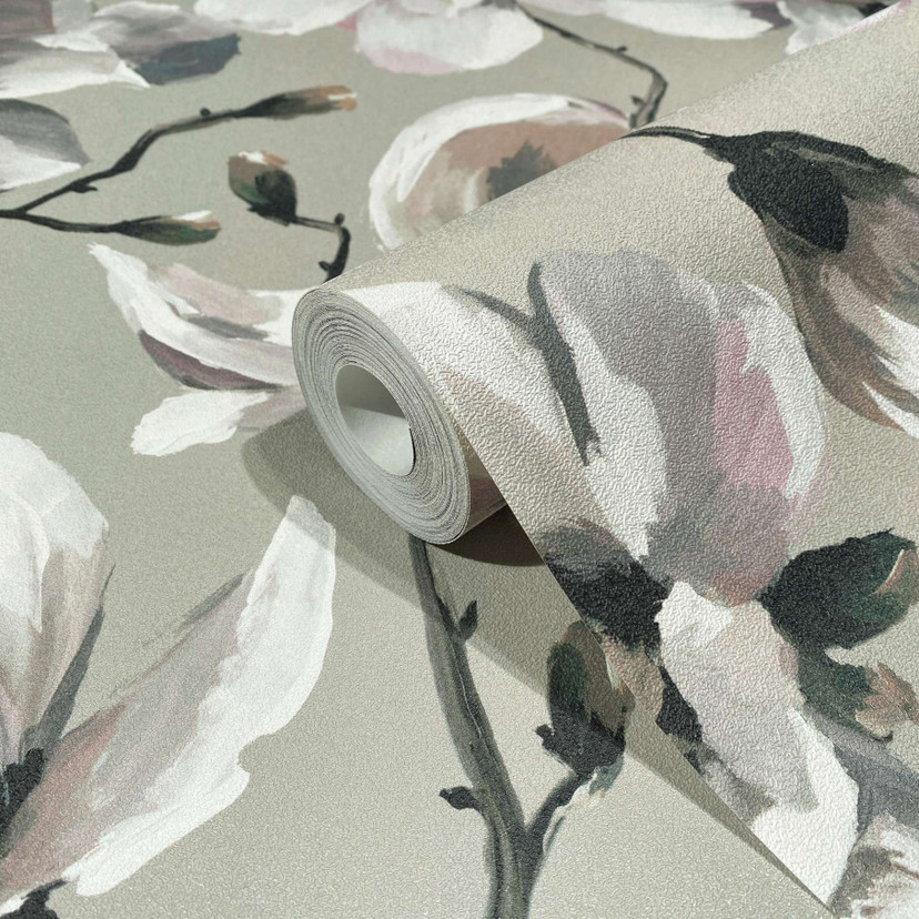 tapet, non-woven blomstertapet Flora grå, beige