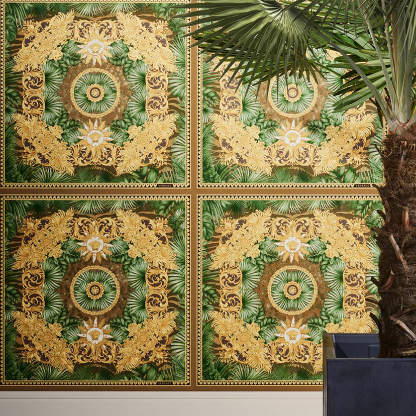 Versace Home tapeta dżungla liście palmy zielone złoto luksusowy projektant włóknina tapeta natura