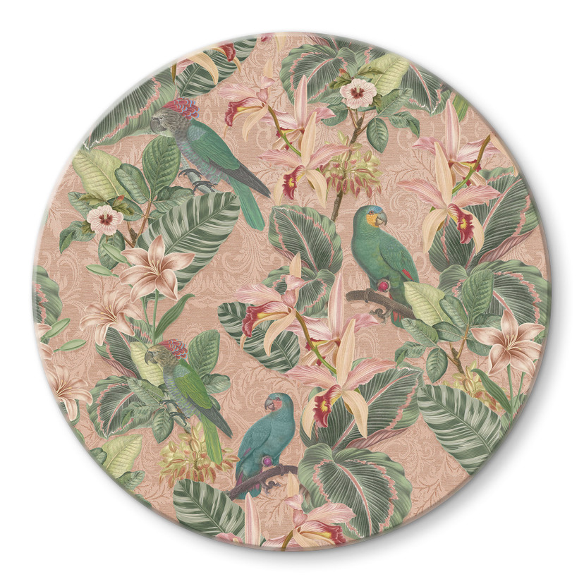 Stampa su vetro Jungle con pappagalli rosa - Decorazione floreale - Rotonda