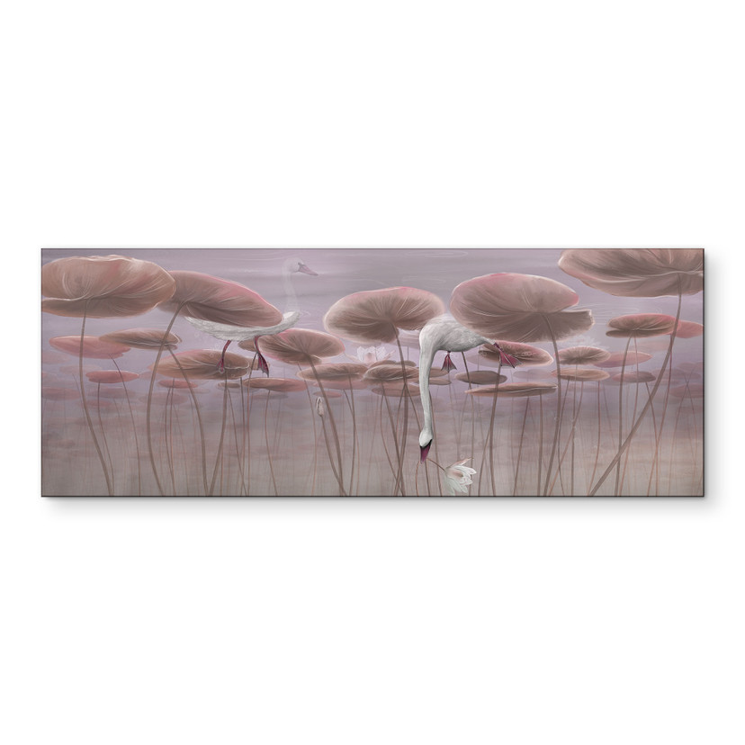 Wanddecoratie lotusbloemen met zwaan in het water in oudroze - Ms Tiff - Alu-Dibond Panorama