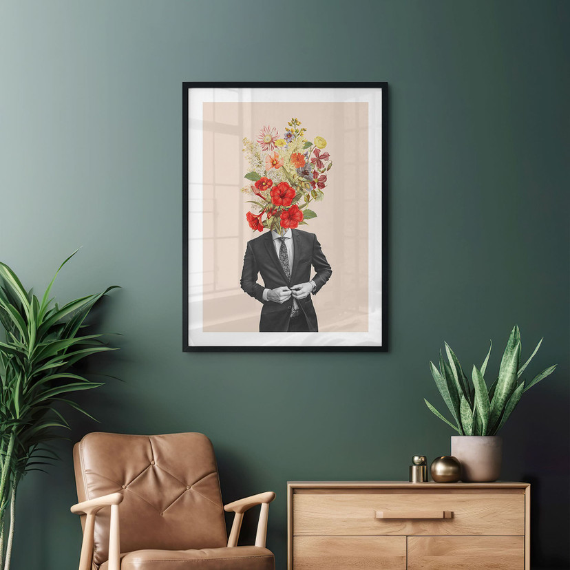 Plakat mężczyzna w garniturze z polnymi kwiatami - Frida Floral Studio