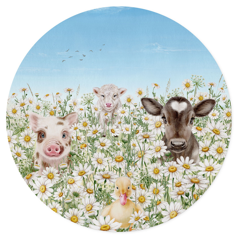Vinilo decorativo Animales de granja en el prado florido - Kikki Belle - Redondo