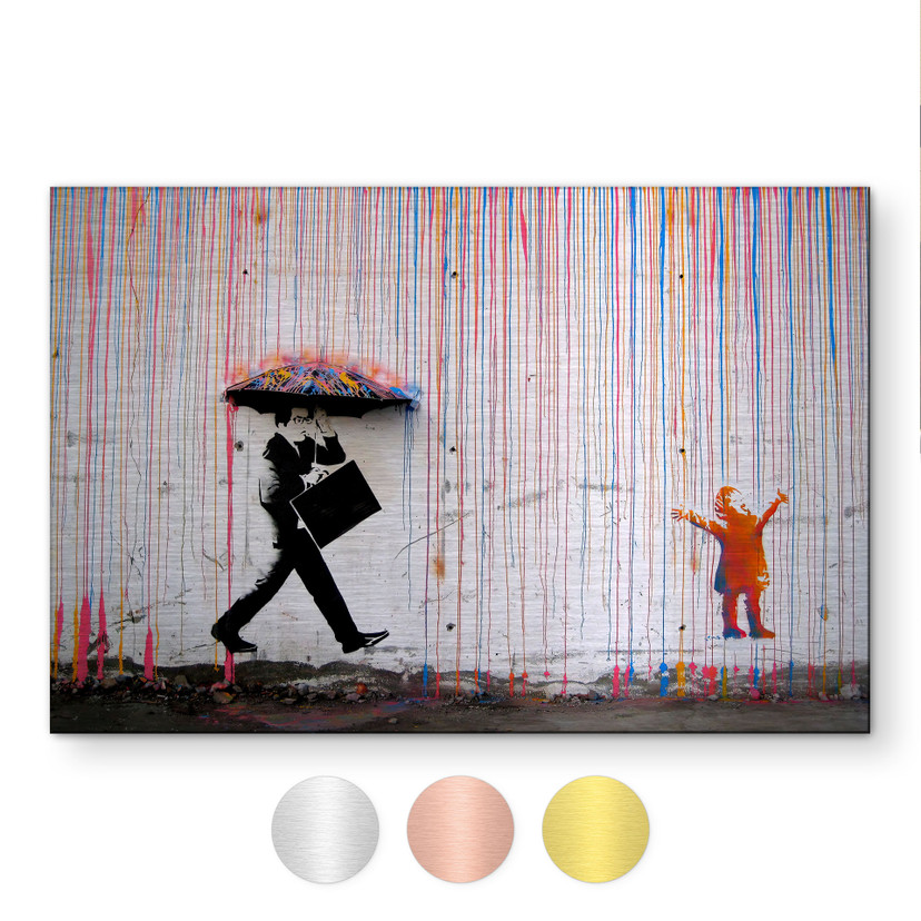 Alu-Dibond brossé avec Effet Doré, Argenté & Cuivré - Coloured Rain - Banksy