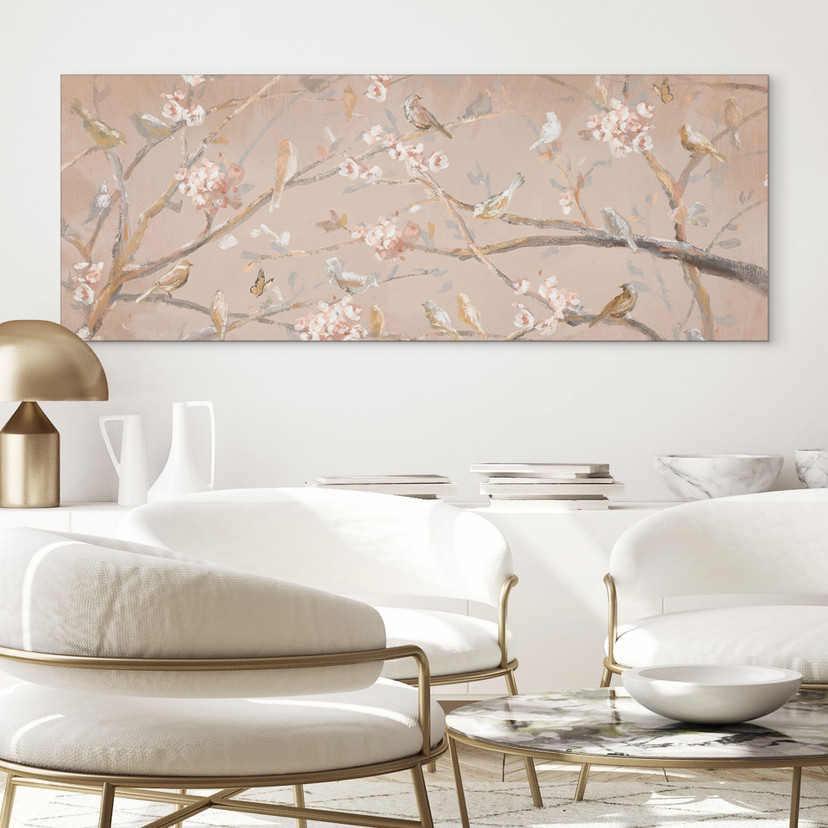 Wanddecoratie Vogels op Kersenbloesem - Cheney - Alu-Dibond Panorama