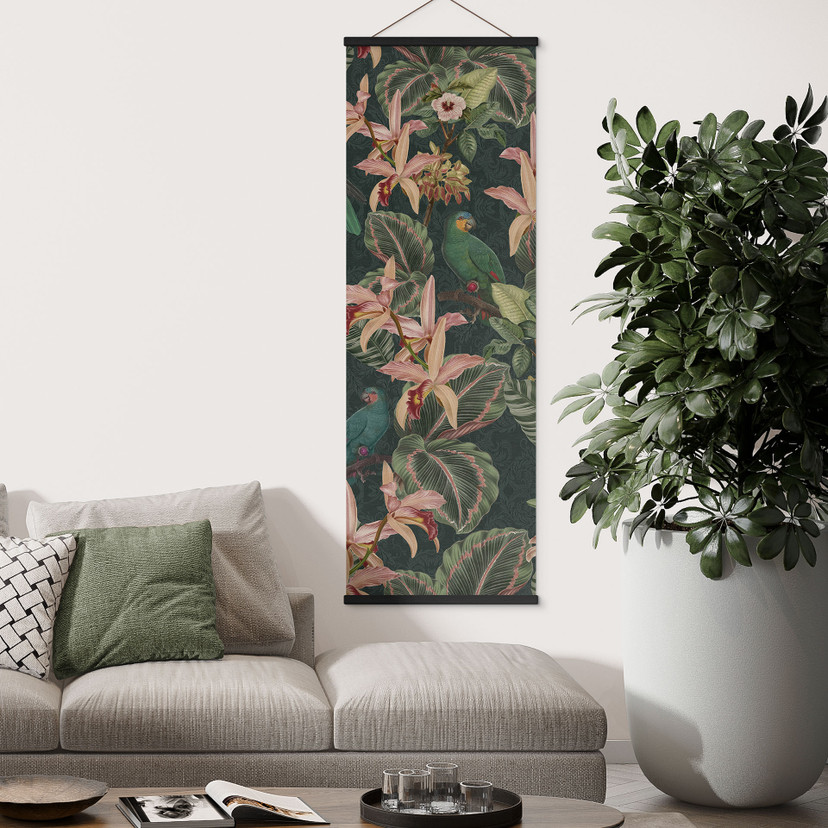 Stoffbild Dschungel mit Papageien Nachtgrün - Bloomery Decor - Panorama