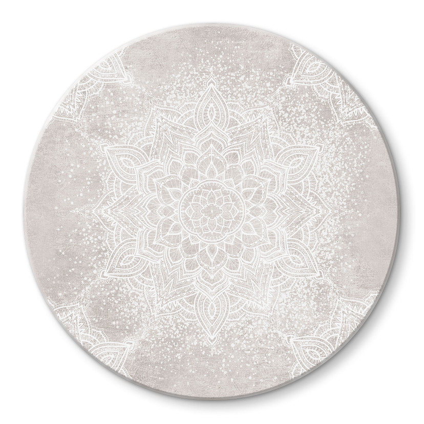Glasbillede - Blid mandala på grå-beige - Bloomery Decor - Rund