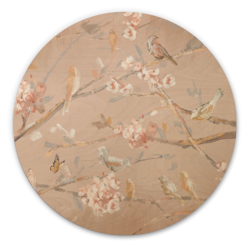 Holzbild Vögel auf Kirschblüten - Cheney - Rund