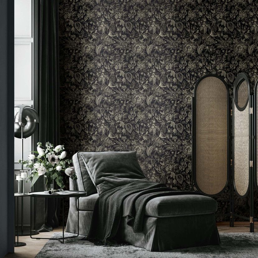 Tapeta z włókniny kwiaty, liście floral nature matowa w kolorze czarnym