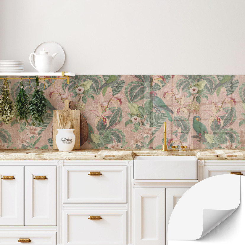 Selvklæbende stænkplade til køkken jungle med papegøjer pink - Bloomery Decor