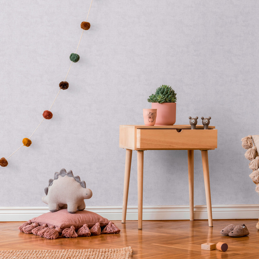 Eenkleurig behang lichtgrijs kinderkamer - monochroom behang modern