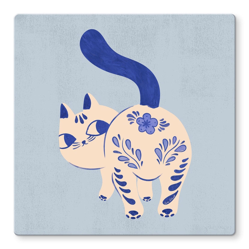 Glasschilderij Porseleinen Kat Delfts Blauw - Cantwell - Vierkant