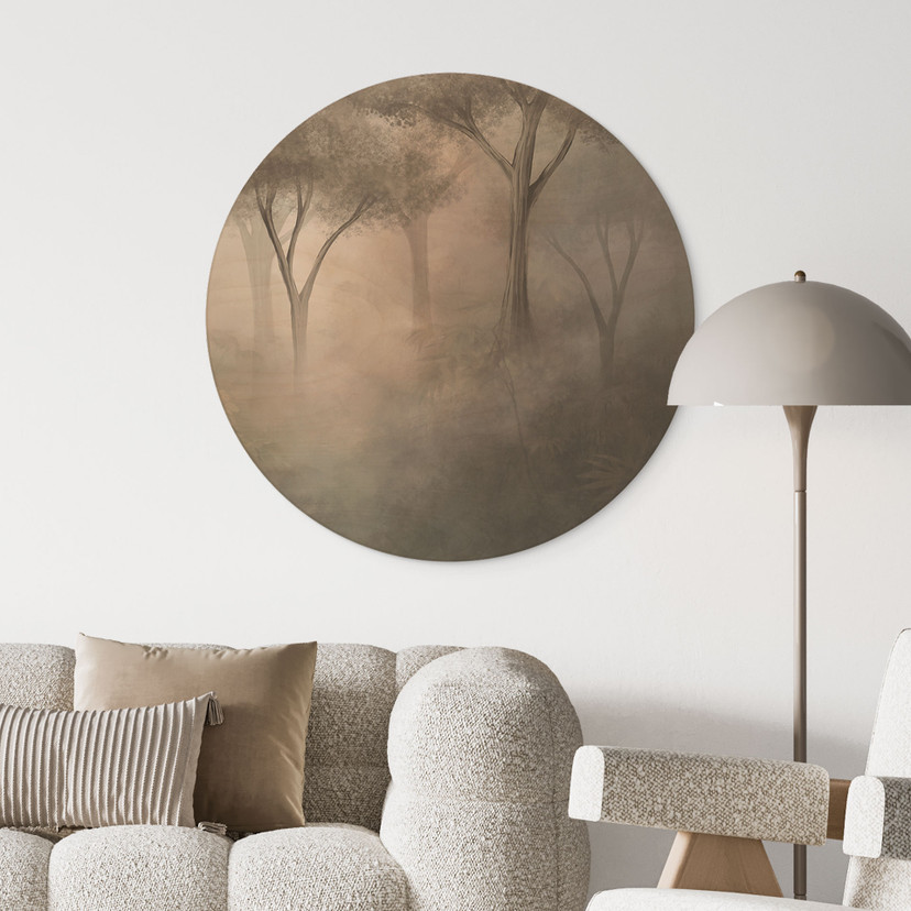 Houten Wanddecoratie Bosmagie in de ochtendnevel Beige - Ms Tiff - Rond