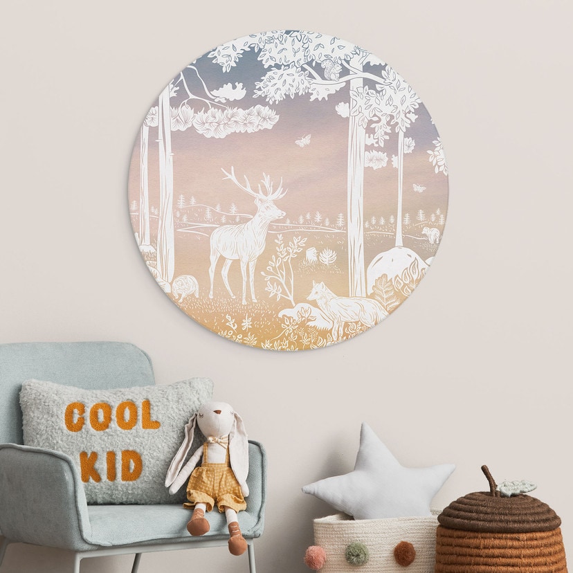 Stampe per pareti rotonde Foresta tranquilla con cervi e volpi - Ombre - Kikki Belle - Alluminio dib