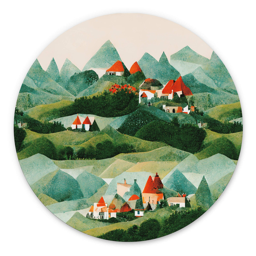 Vægcirkel Treechild - Small village in the middle of green hills – print på aluminium (Alu-Dibond)