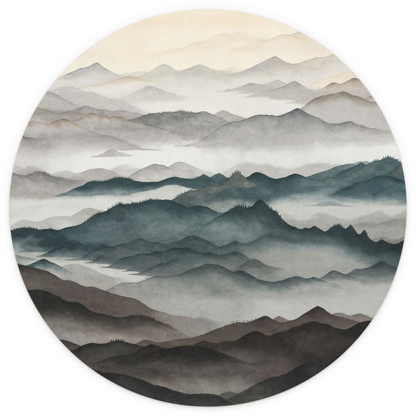 Papier Peint Photo Roerich Light - Paysage Montagneux Brumeux - Sir Edward x Grigory Gladarev - Rond